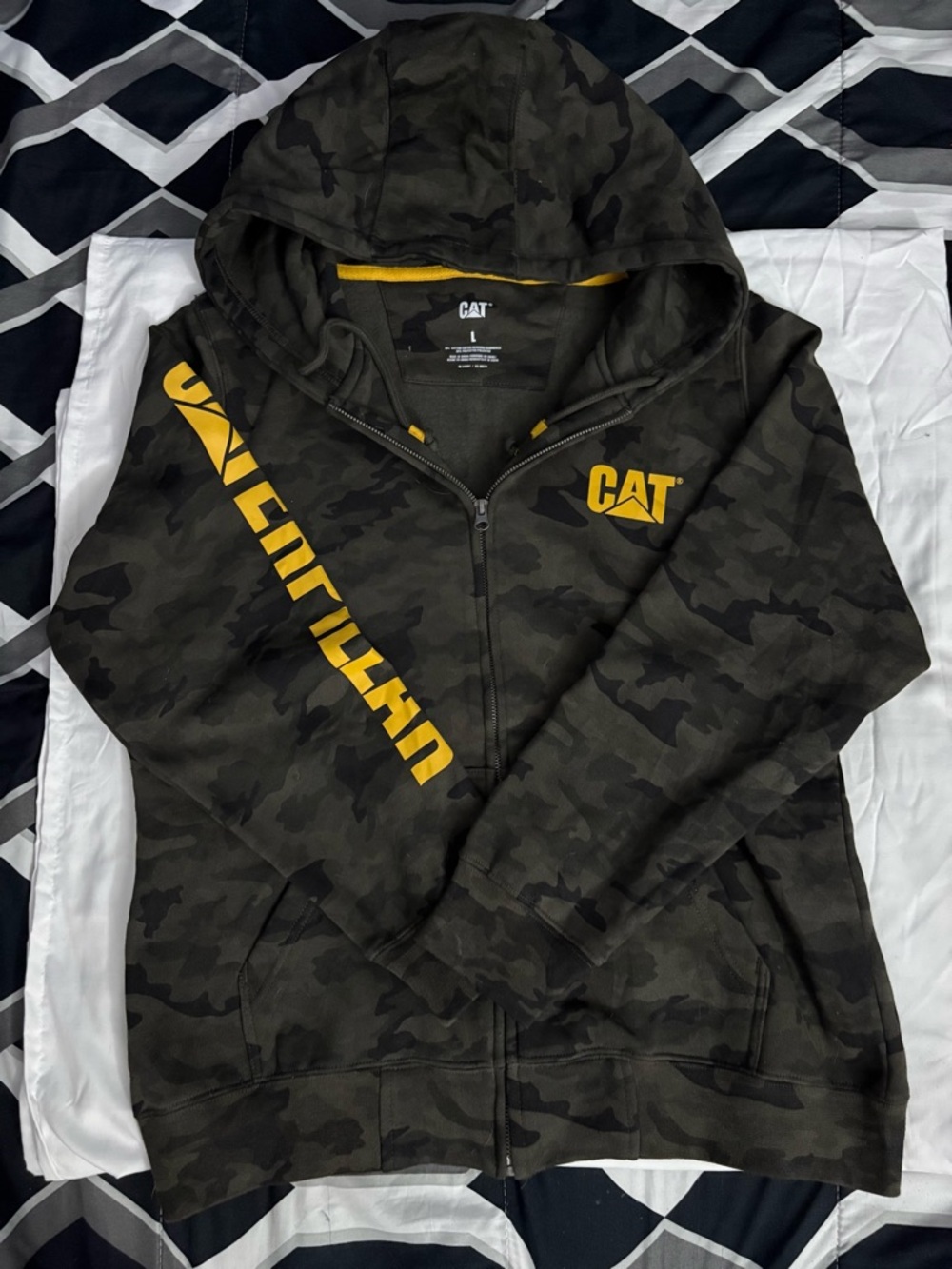 Caterpillar Olive Camo Zip Hoodie with Yellow Logo